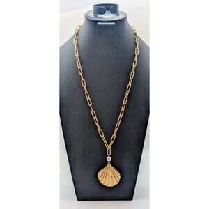 Gold Tone Clam Shell Faux Pearl Paper Clip Long Chain 28.25"-31.25" Necklace